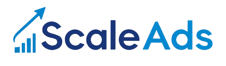 Logo marketingové agentury ScaleAds s modrou šipkou a nápisem